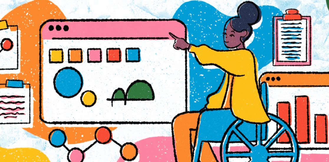 Image of a woman pointing to a presentation