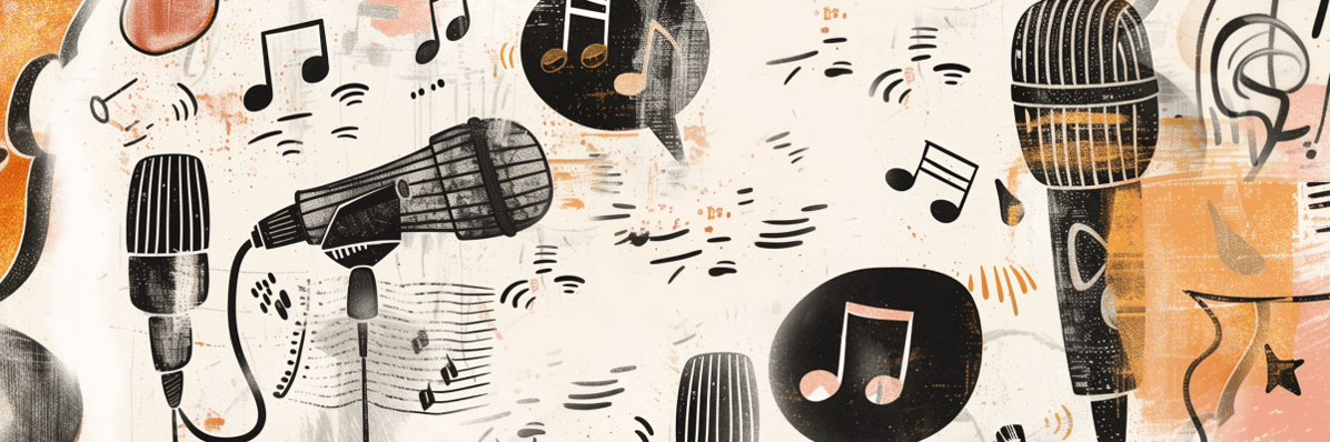 AI generated collage of music notes, microphones and instruments