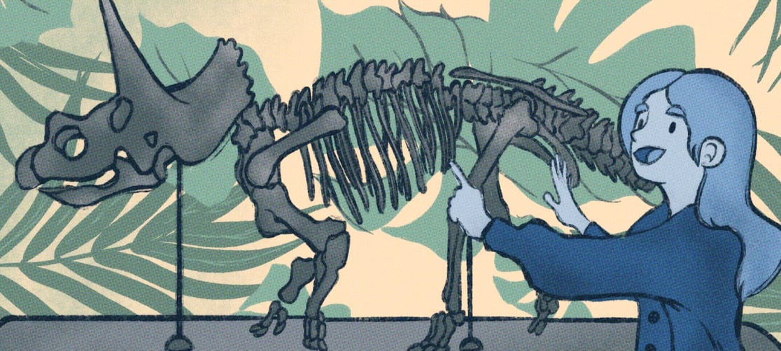 Image of a person in front of triceratops fossils
