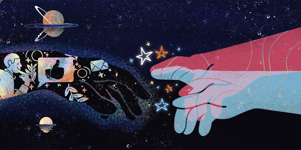 Image of two hands touching in outer space