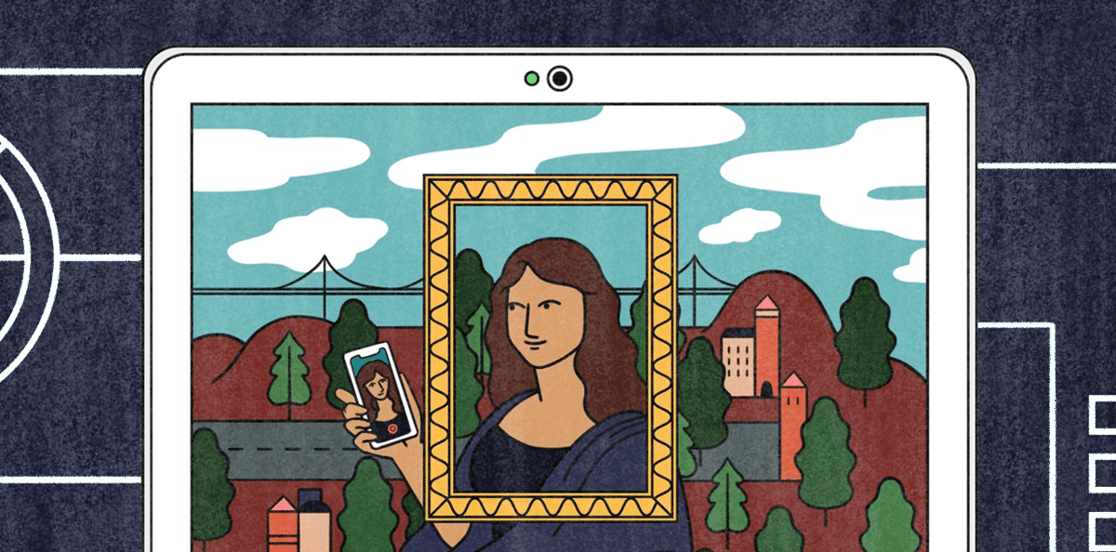 Image of Mona Lisa looking at herself on a cell phone