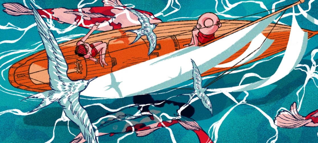 Image of people on a boat with giant Koi in the water