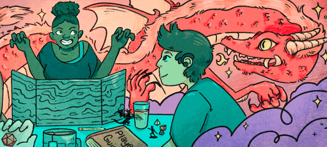 Image of a woman playing D&D with pretend dragon