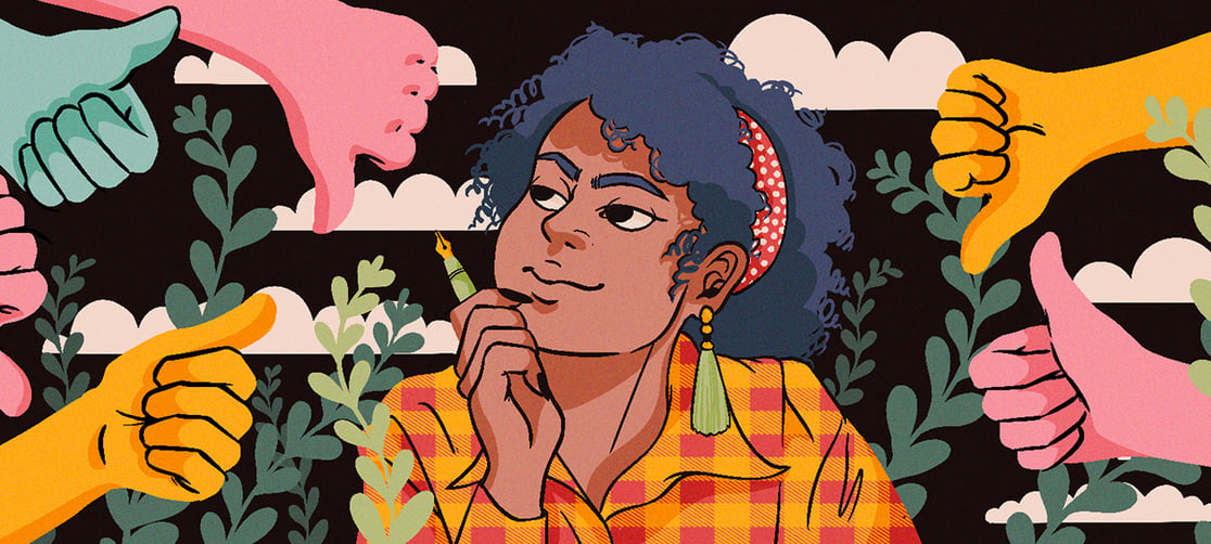 Image of a woman daydreaming and thumbs up/thumbs down