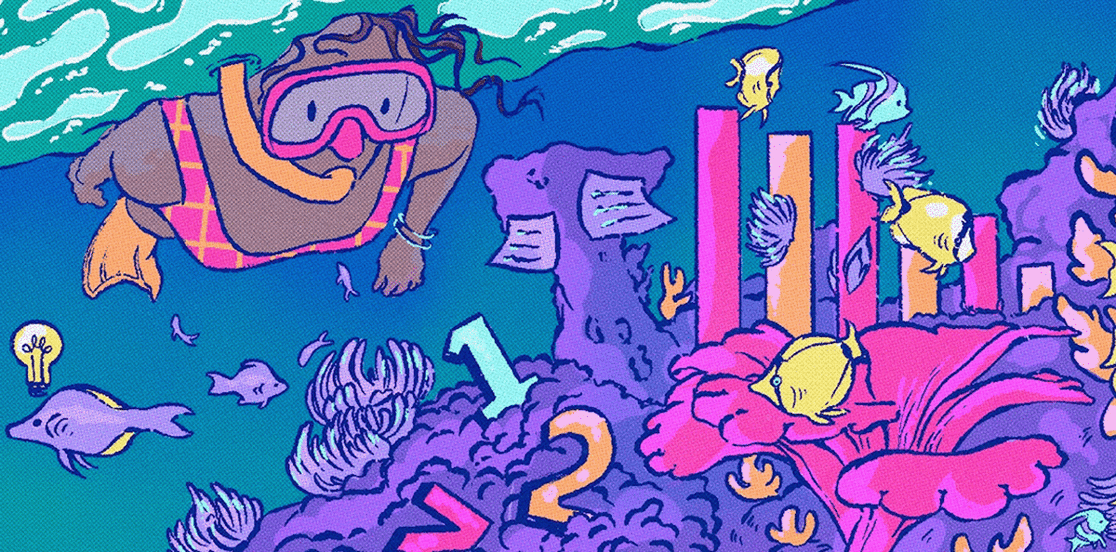 Image of a person snorkeling and looking at graphs and numbers