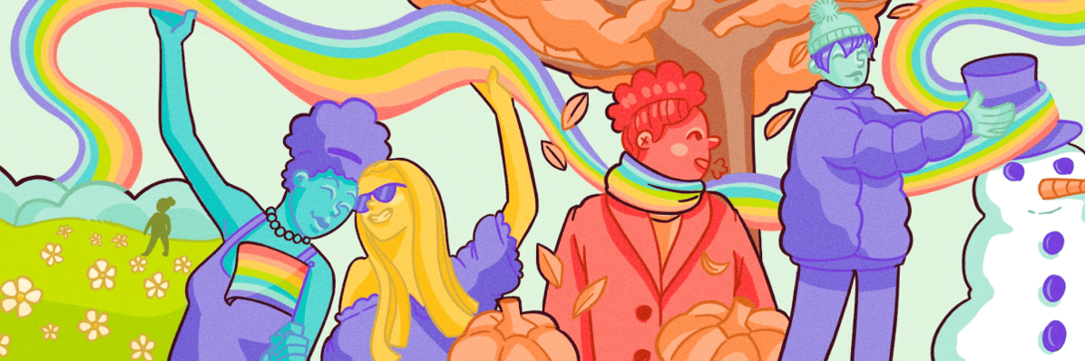 People Nerds Illustration - June 13, 2024 - People in rainbow attire celebrating across different seasons