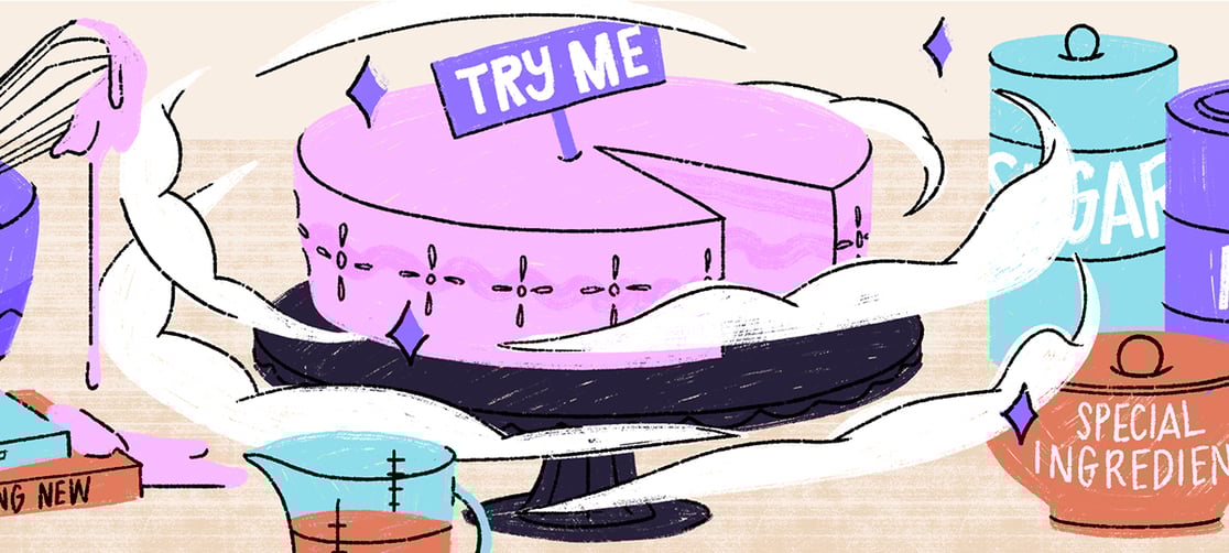 Drawing of a cake and baking ingredients